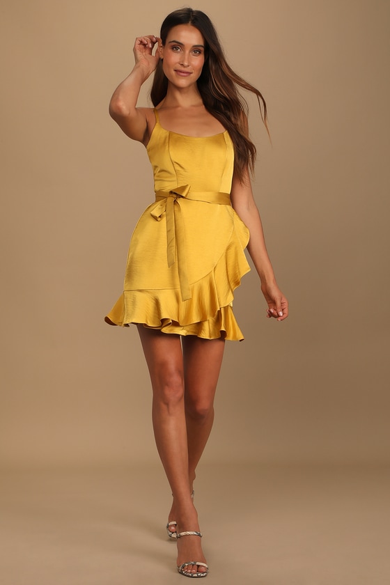 Mustard Yellow Dress - Satin Mini Dress ...